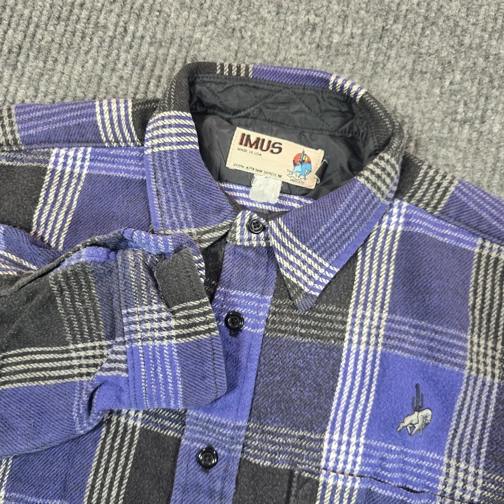 Vintage IMUS Shirt Men Small Purple Plaid Chamois Flannel Button Long Sleeve USA